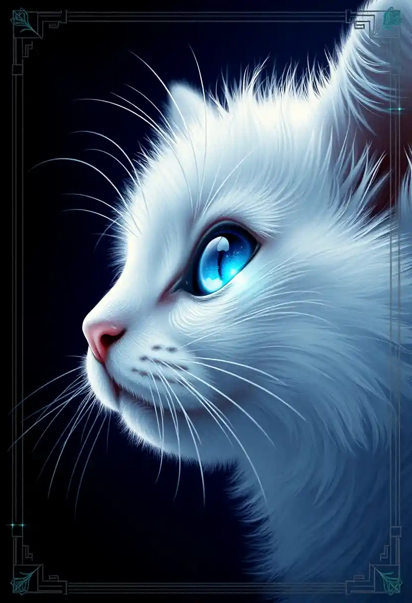 White kitten close up with luminous multicolored eye