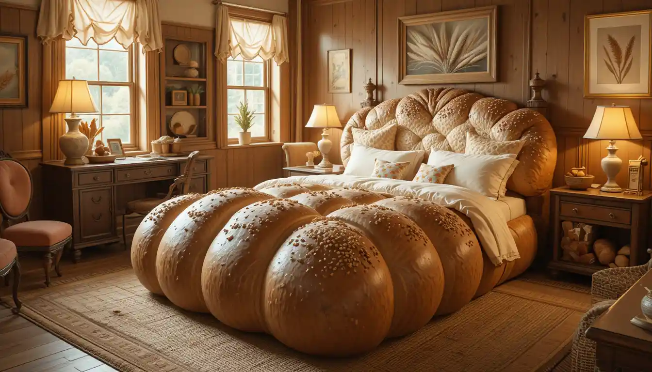 Cozy bedroom with giant bread bed and rustic decor