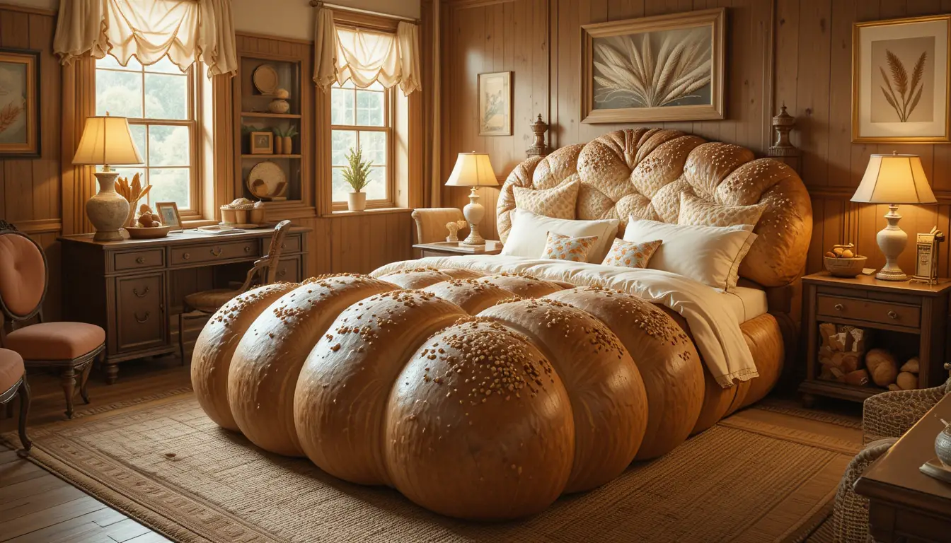 Cozy bedroom with giant bread bed and rustic decor