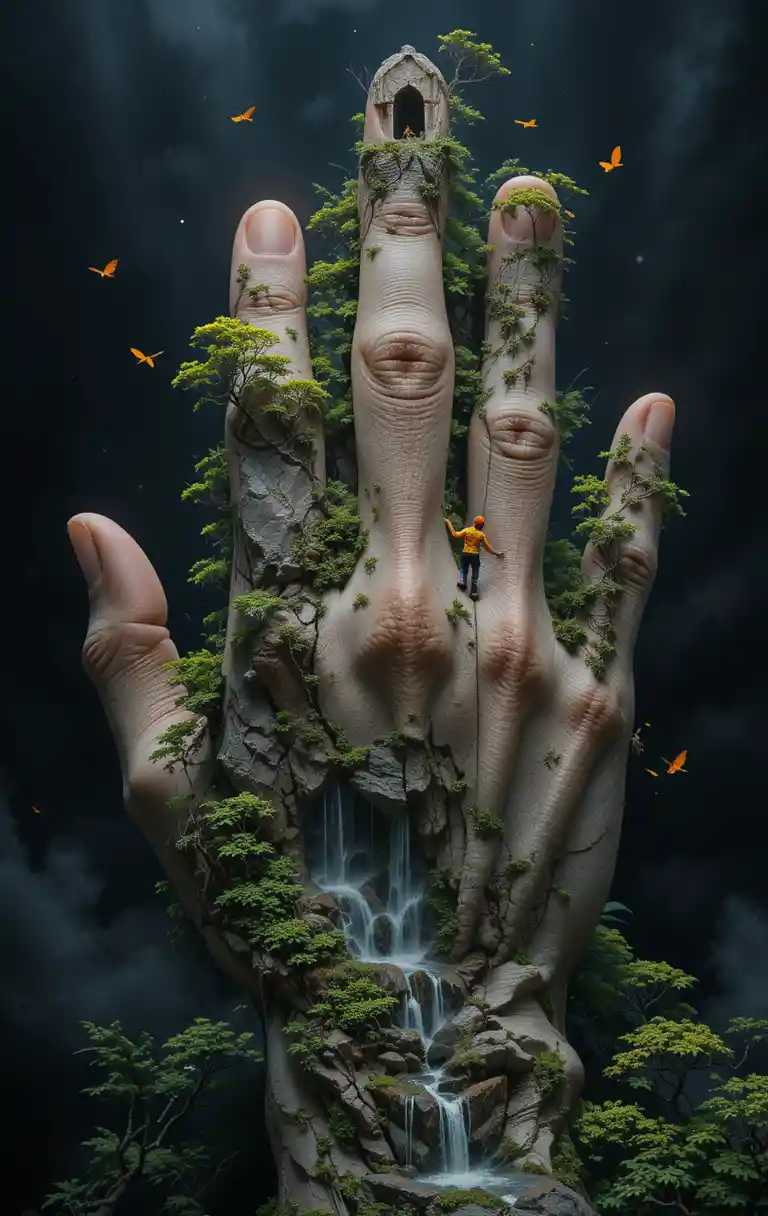 Surreal landscape with giant human hand and tiny climber