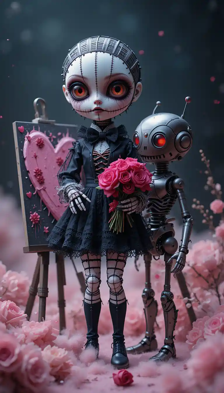 Gothic doll and cute robot in a surreal dreamscape