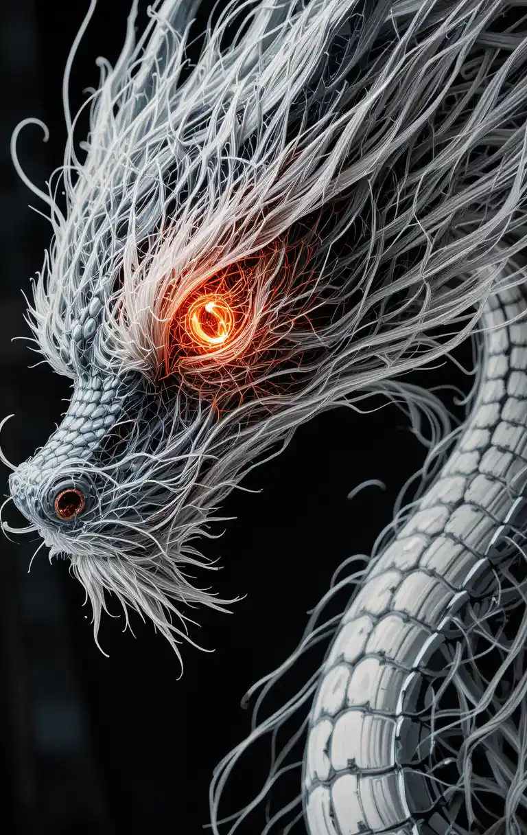 Double exposure dragon eye portrait on black background