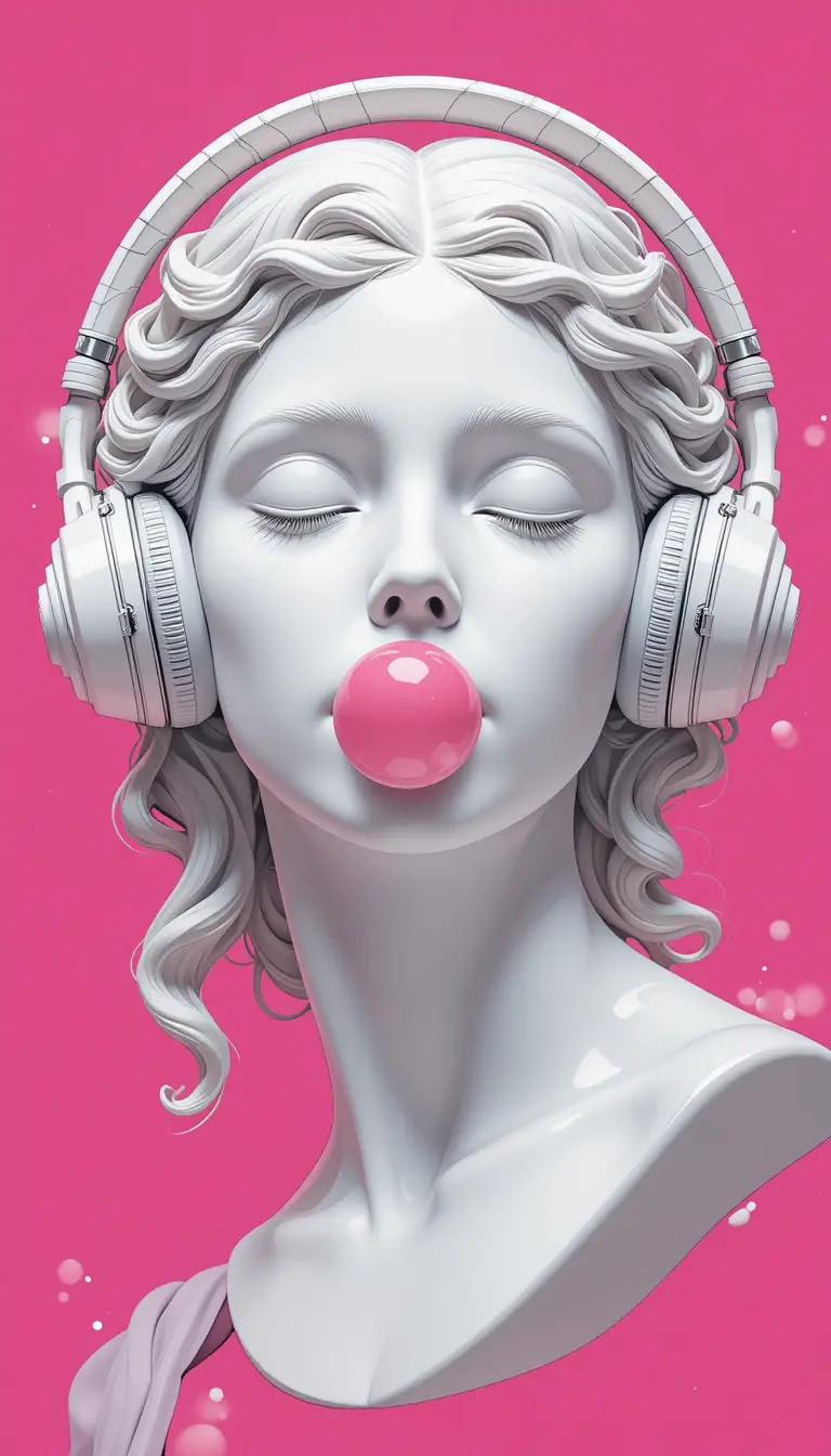 Neoclassical woman sculpture with headphones and bubblegum