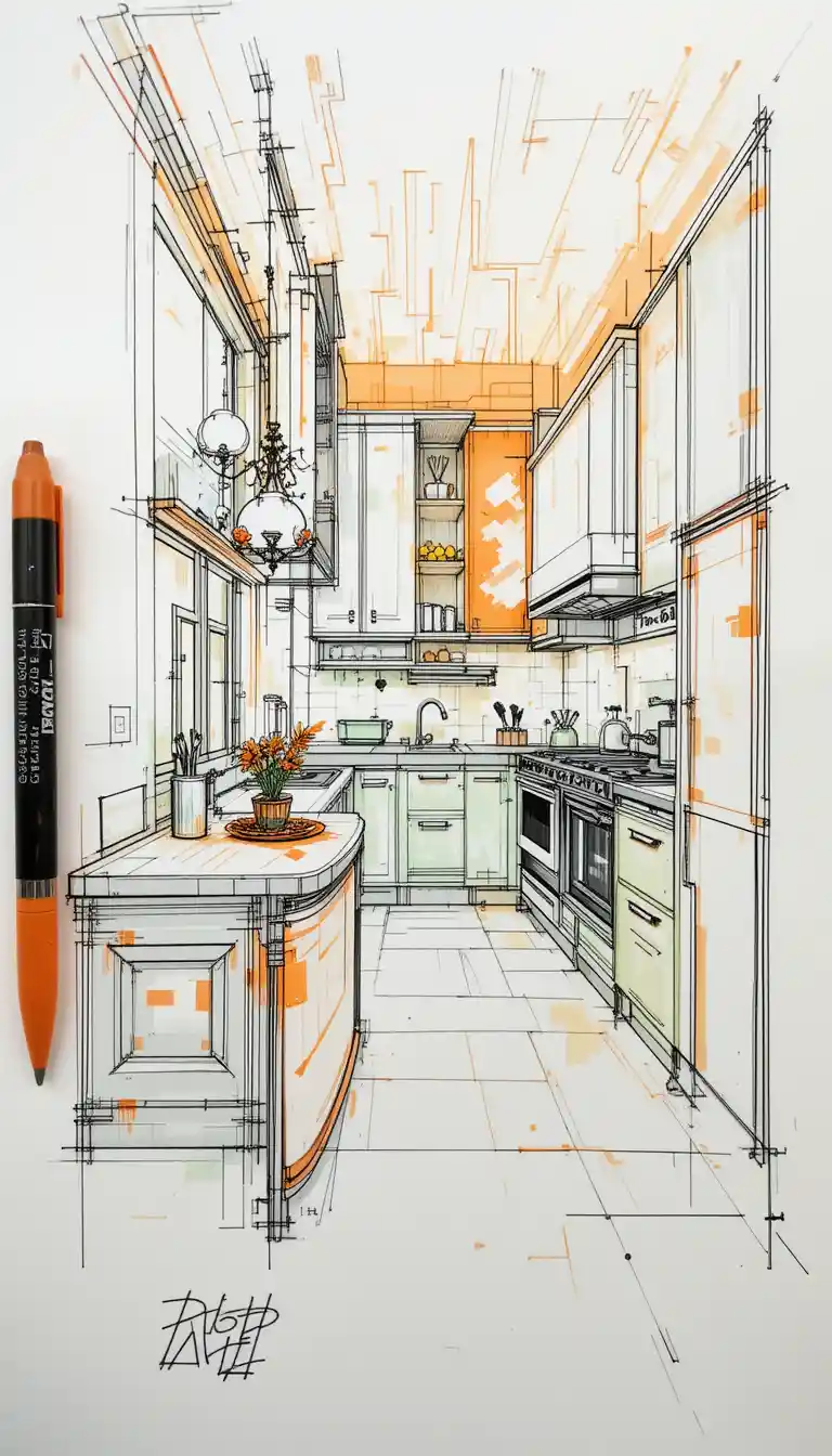 Minimalist concept sketch of a modern kitchen interior