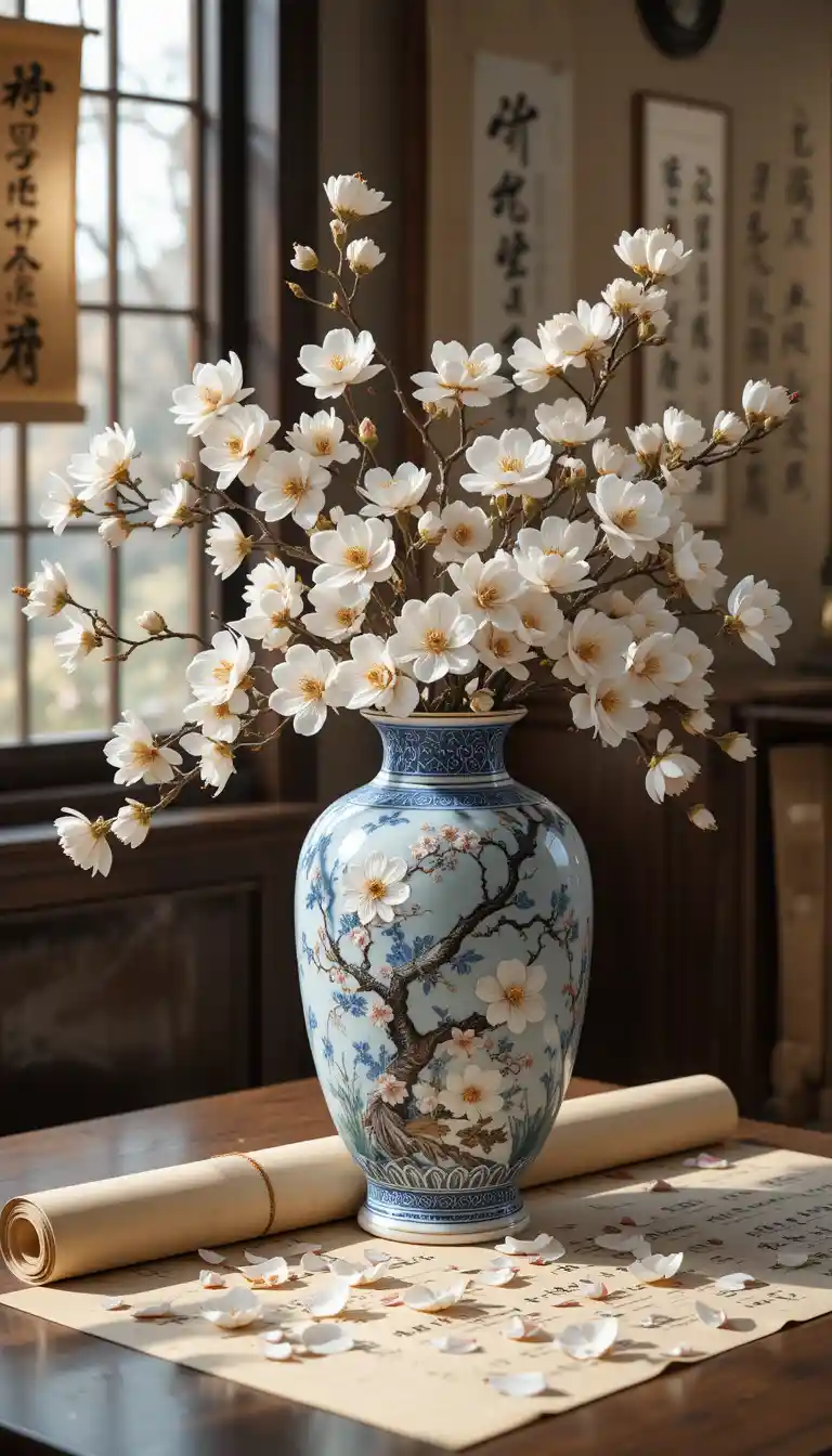 Natura morta con vaso di porcellana blu e fiori bianchi