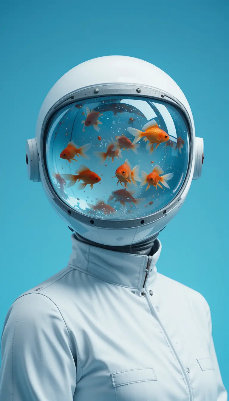 Retrato de cientista futurista com capacete de peixe cheio de água