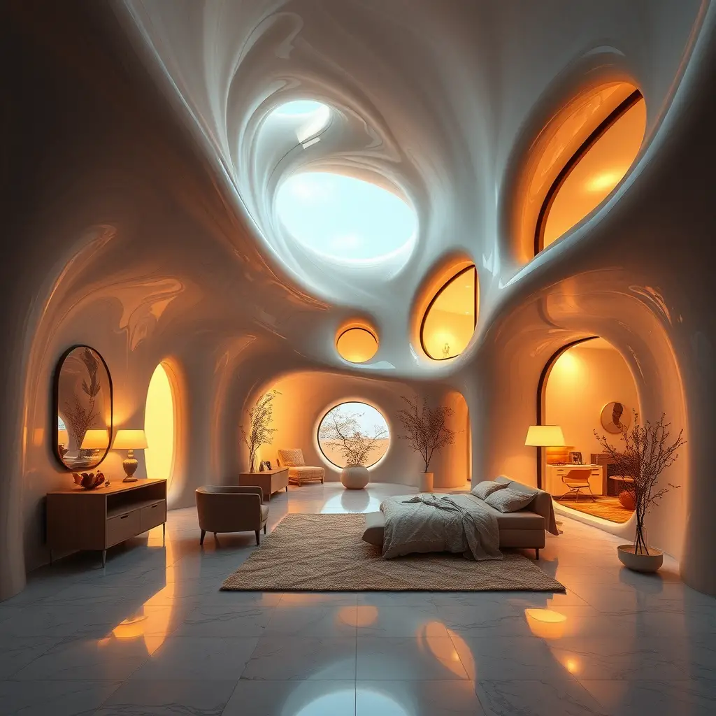 Maison éthérée et consciente d’elle-même au décor intérieur onirique et changeant