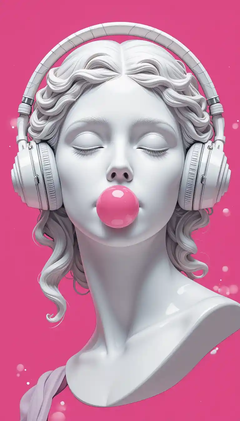 Neoclassical woman sculpture with headphones and bubblegum
