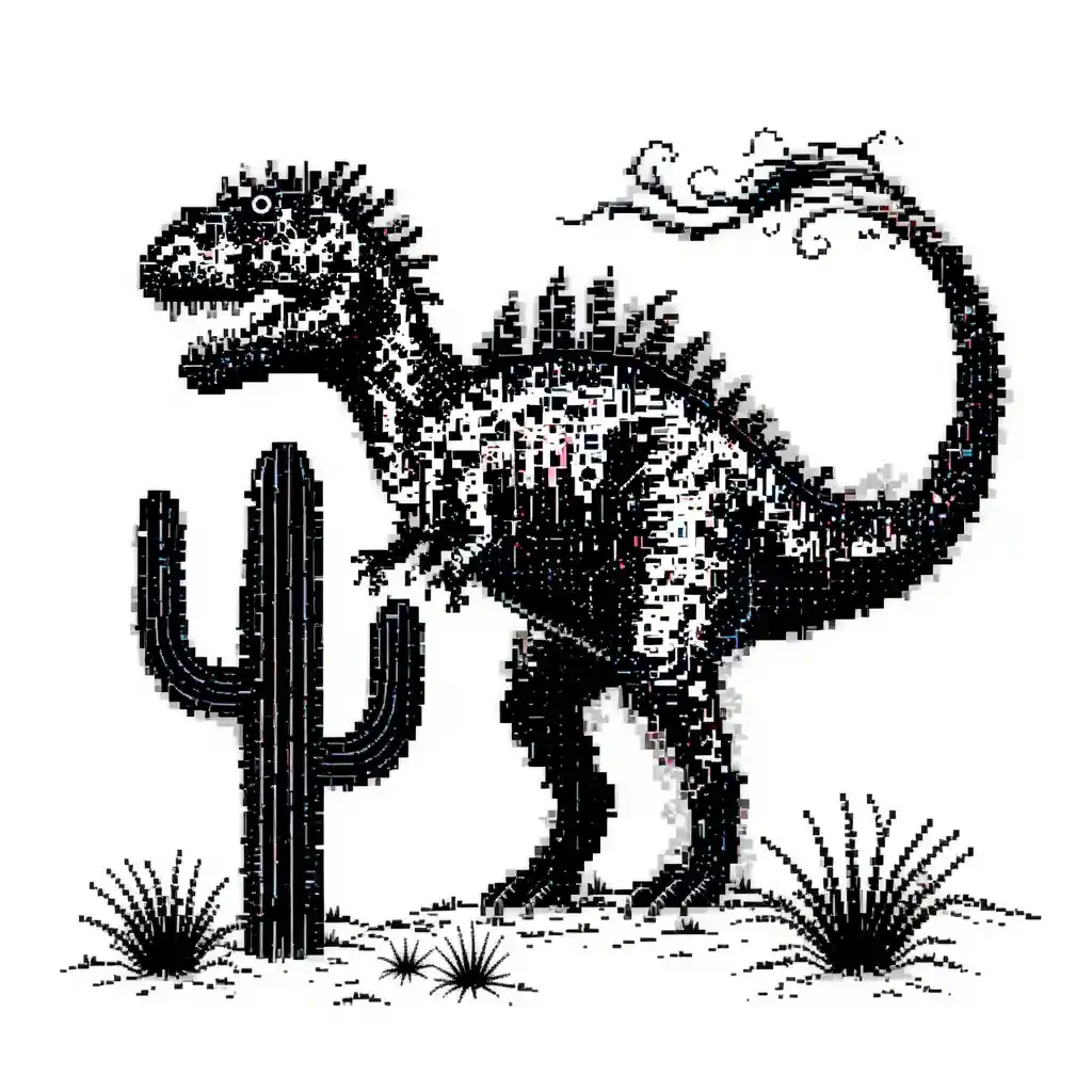 Dinosaure en pixel art et plantes du désert sur fond blanc
