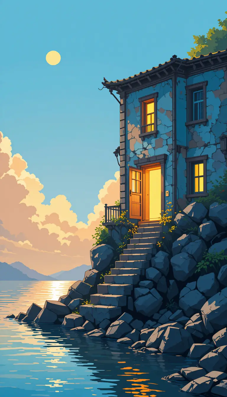 Pixel art seaside building under moonlit sky and calm water