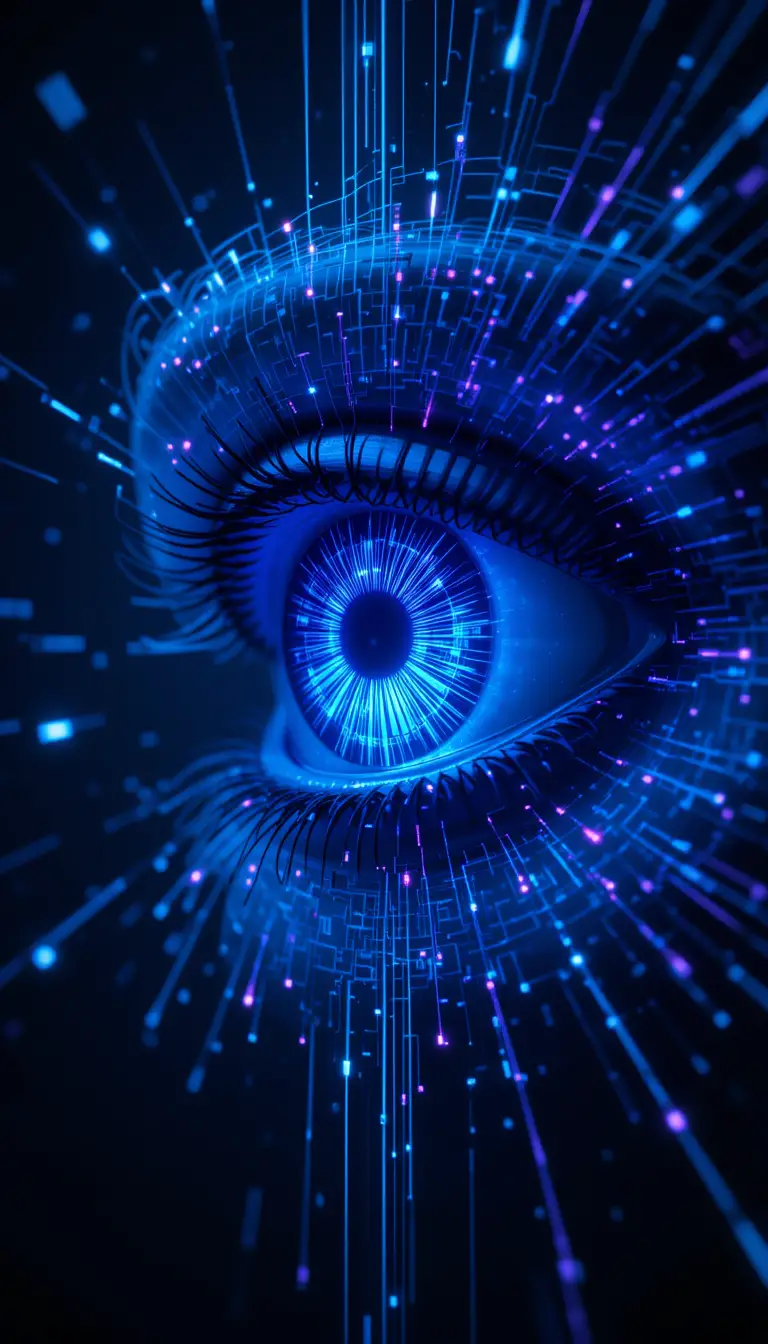 Futuristic glowing digital eye with neon data streams