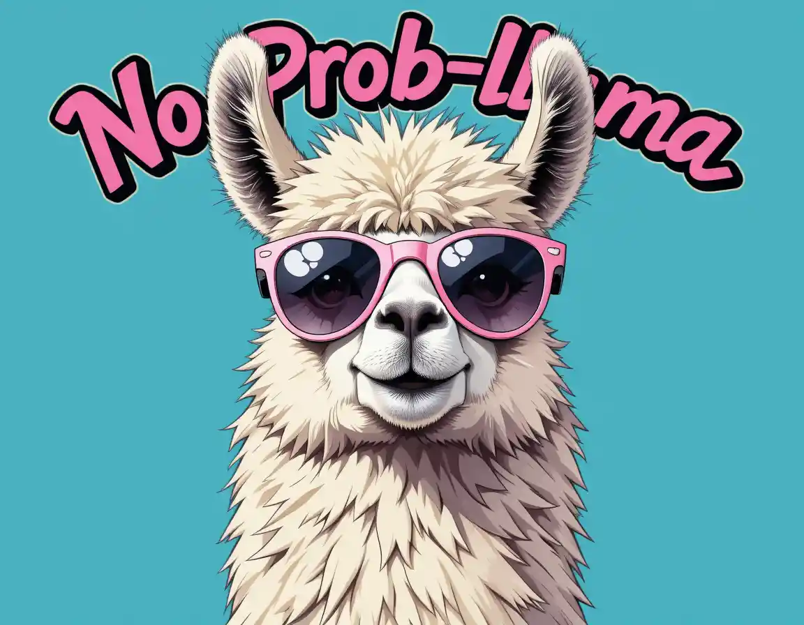 Cool llama with sunglasses and playful graffiti text