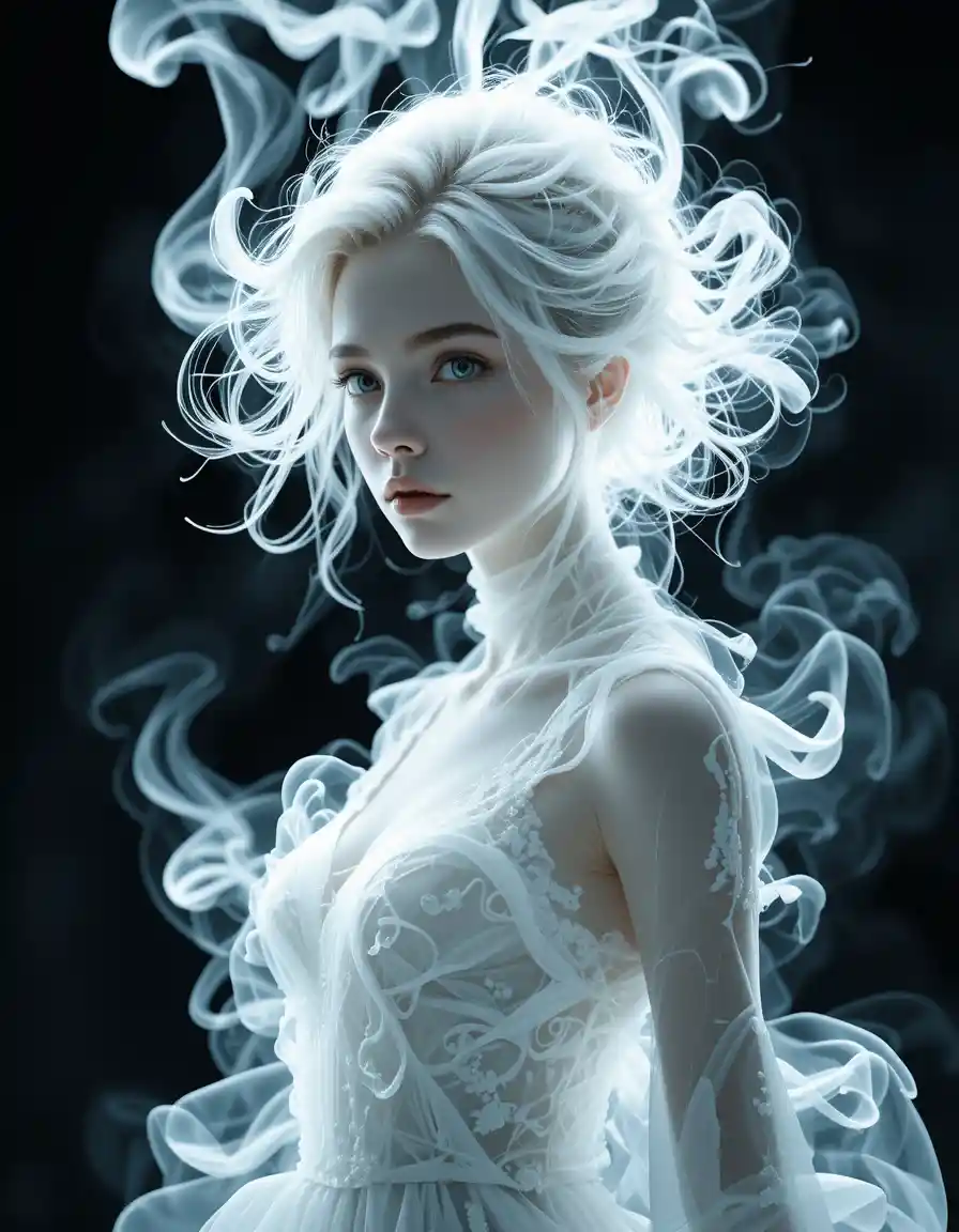Surreal portrait of a woman made of swirling smoke