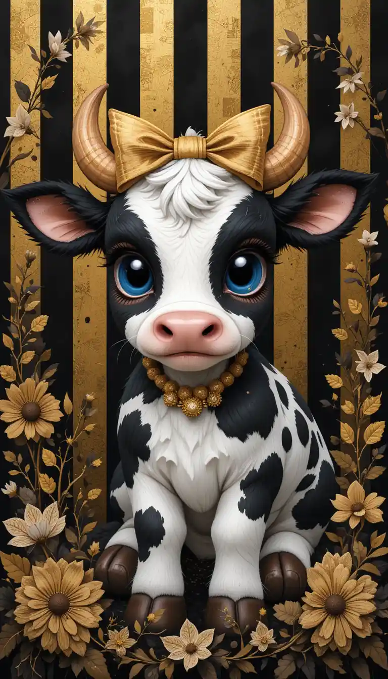 Spotted baby cow with gold striped floral background