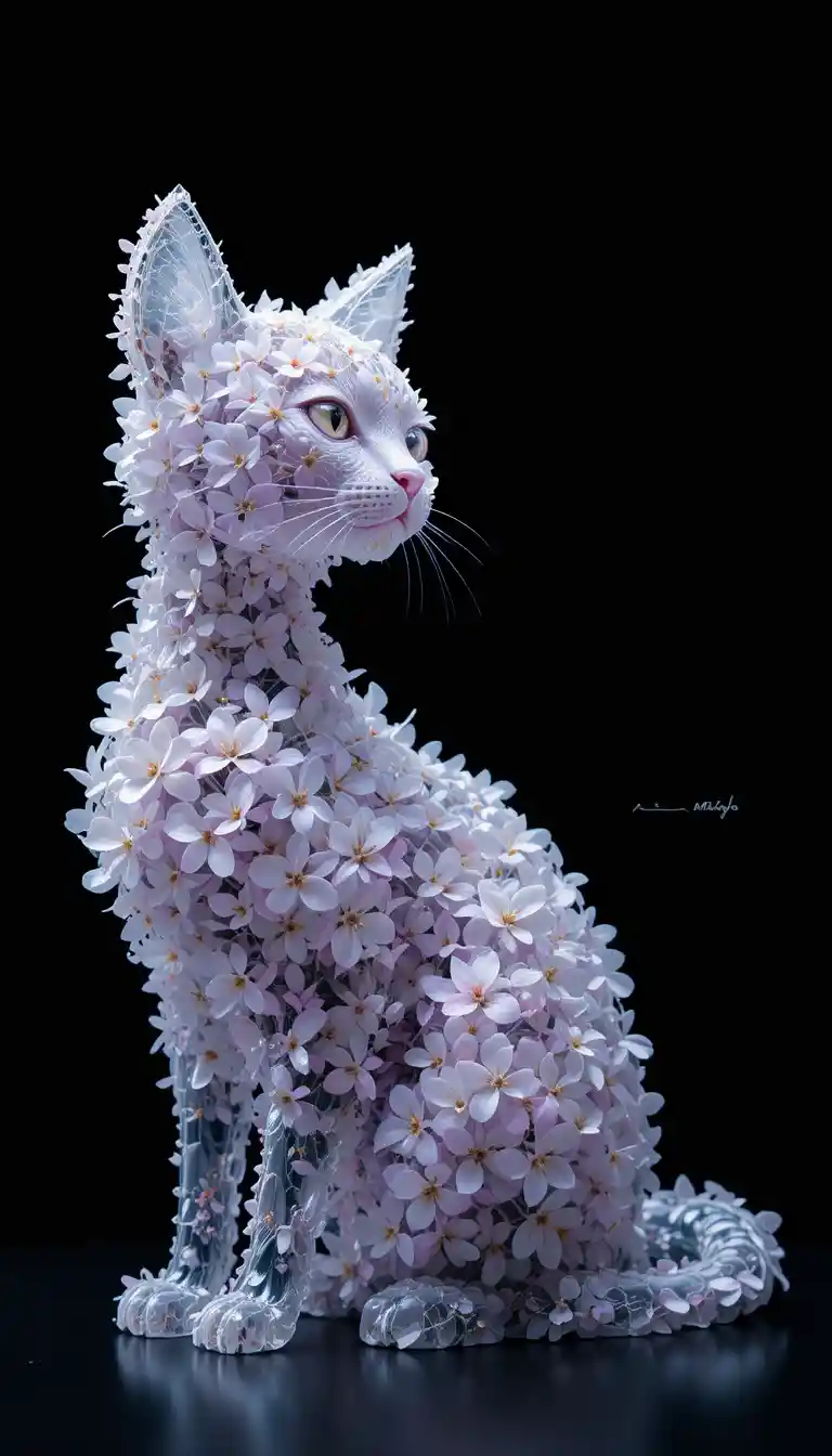 Crystal like cat formed from delicate white flower buds
