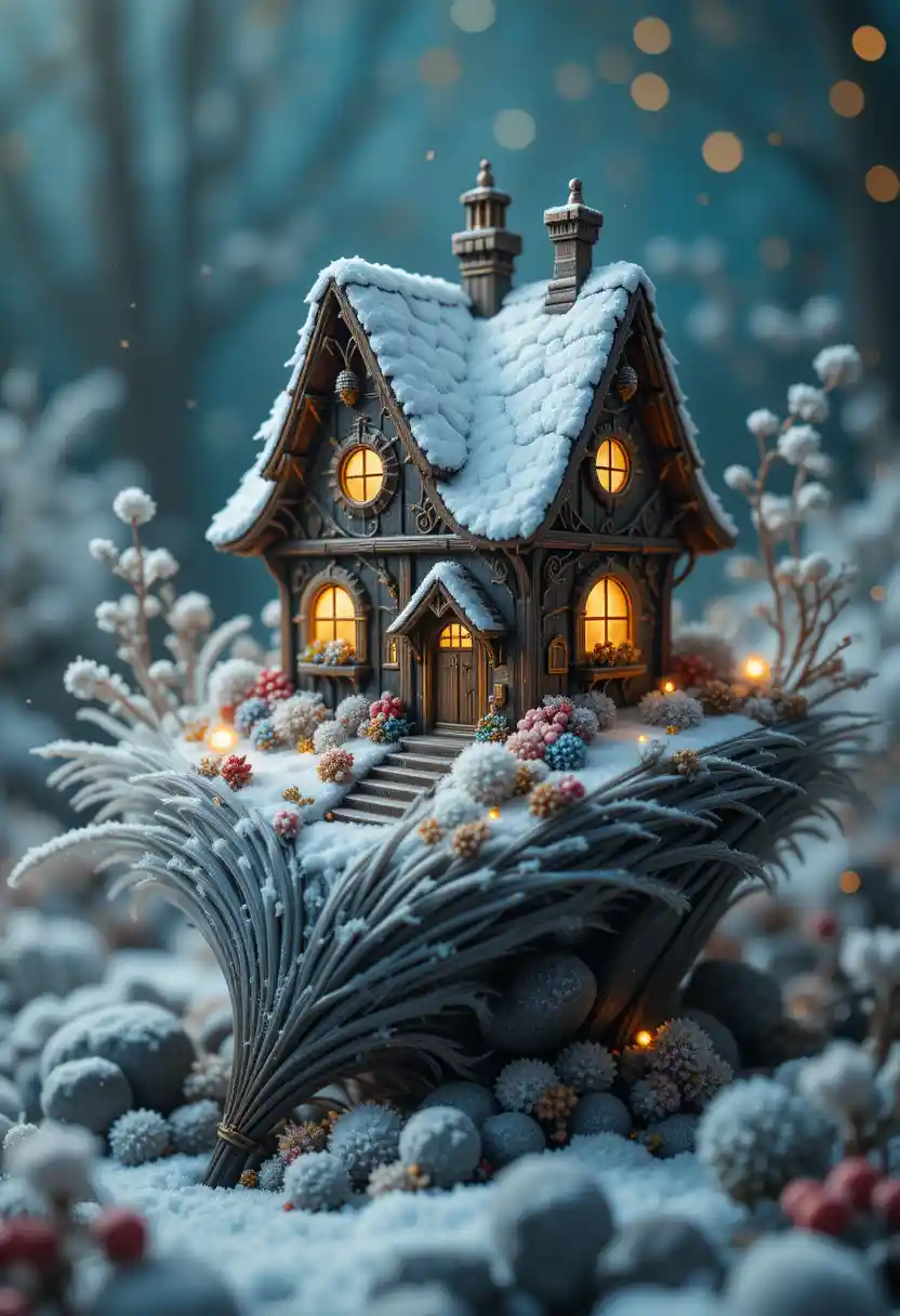 Miniature fairy house perched on a single peacock feather