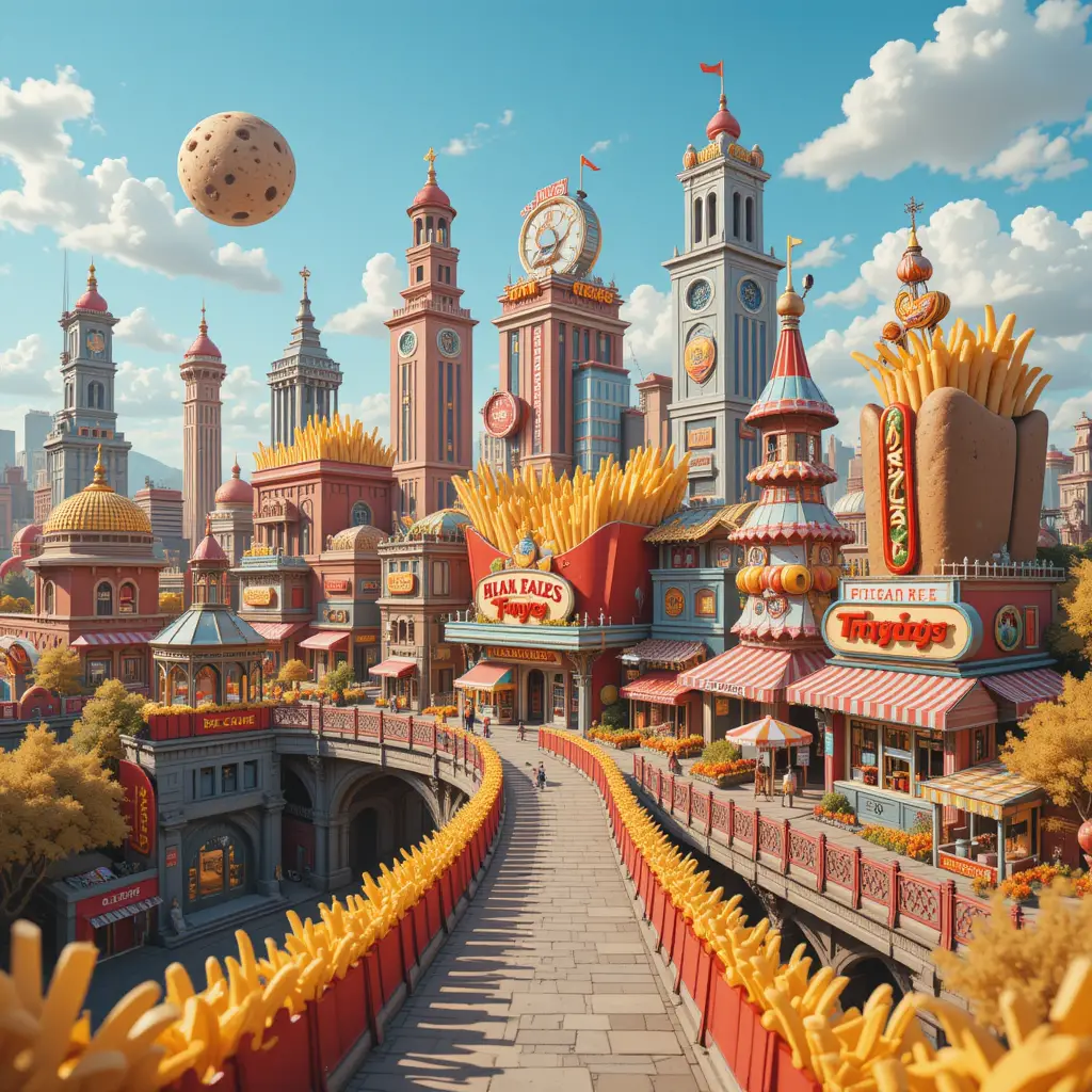 Whimsical fast food city with fries soda and cookies