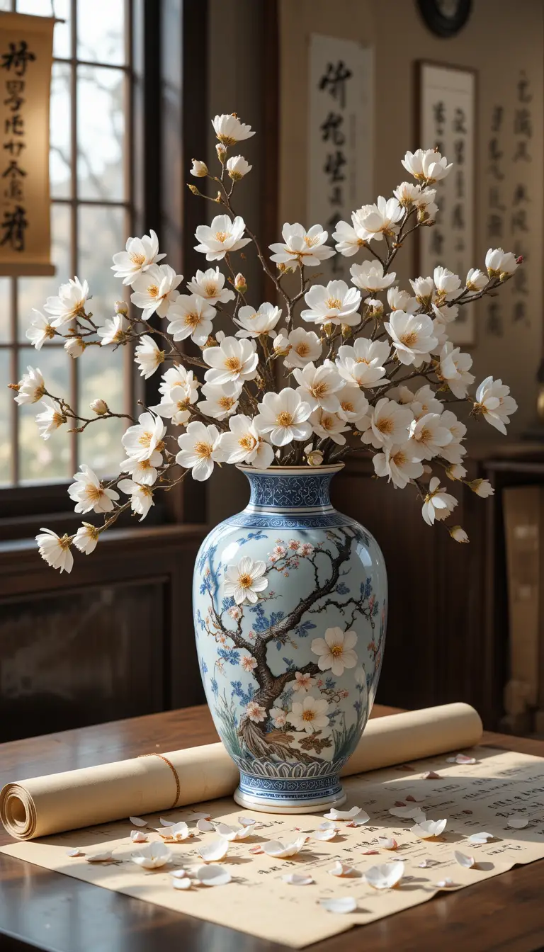 Blue Porcelain Vase With White Blossoms Still Life