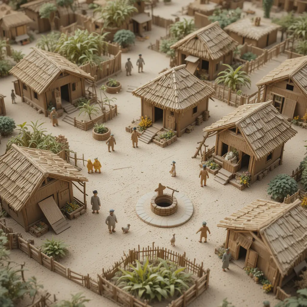 Miniature rural village model with clay houses and fields