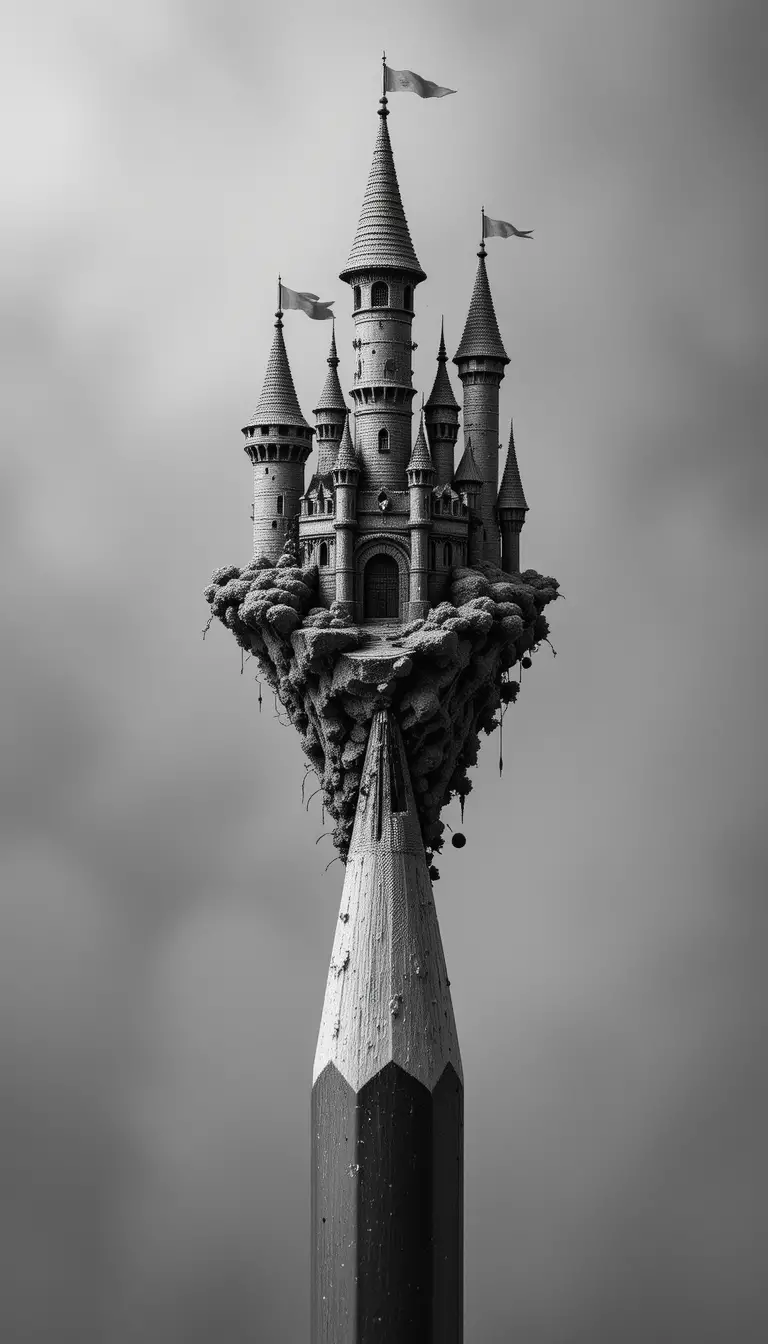 Tiny magical castle perched on the tip of a pencil