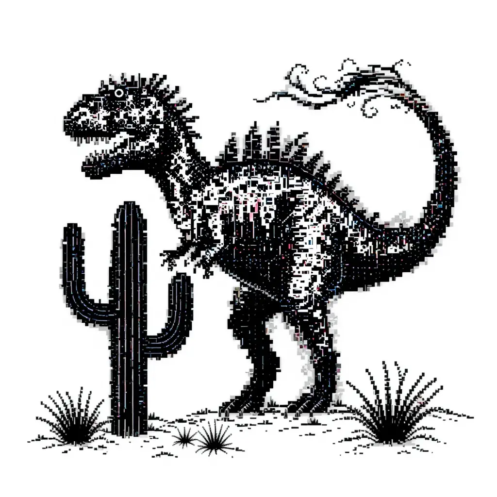 Pixel art dinosaur and desert plants on white background