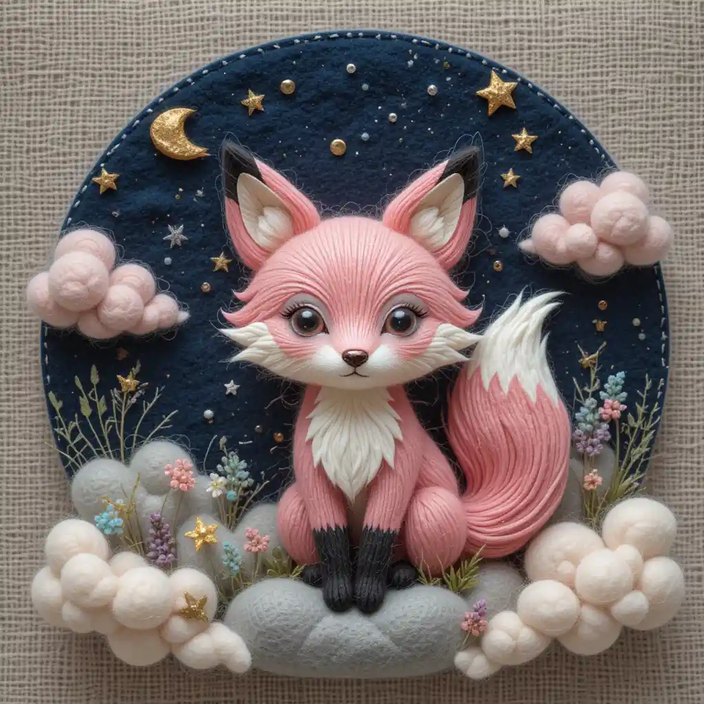 Pink felt fox lady resting among fluffy wool clouds