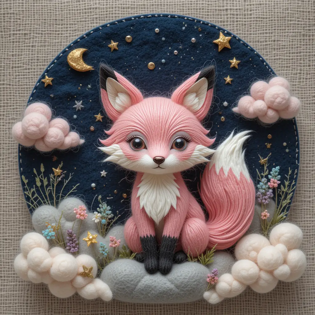 Pink felt fox lady resting among fluffy wool clouds