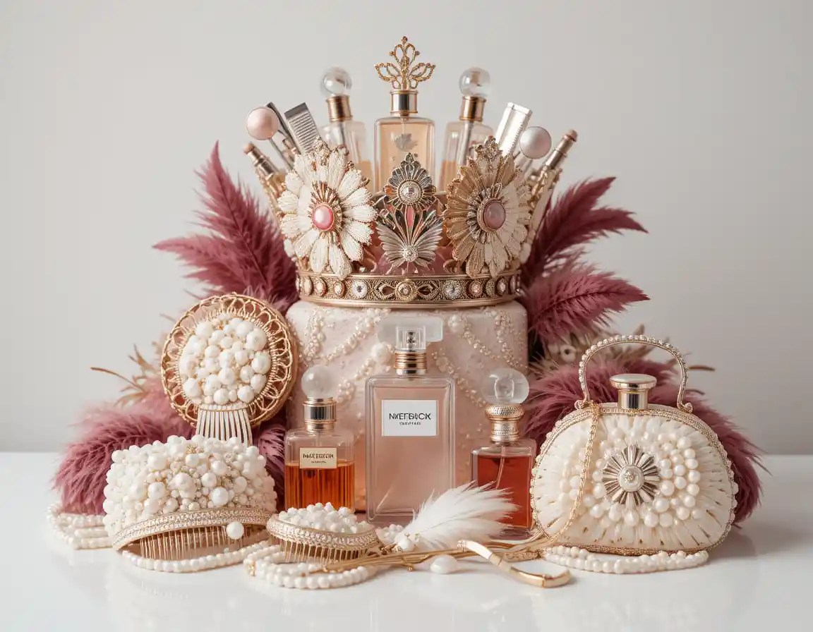 Perfume bottles with pearl comb and feather handbag display
