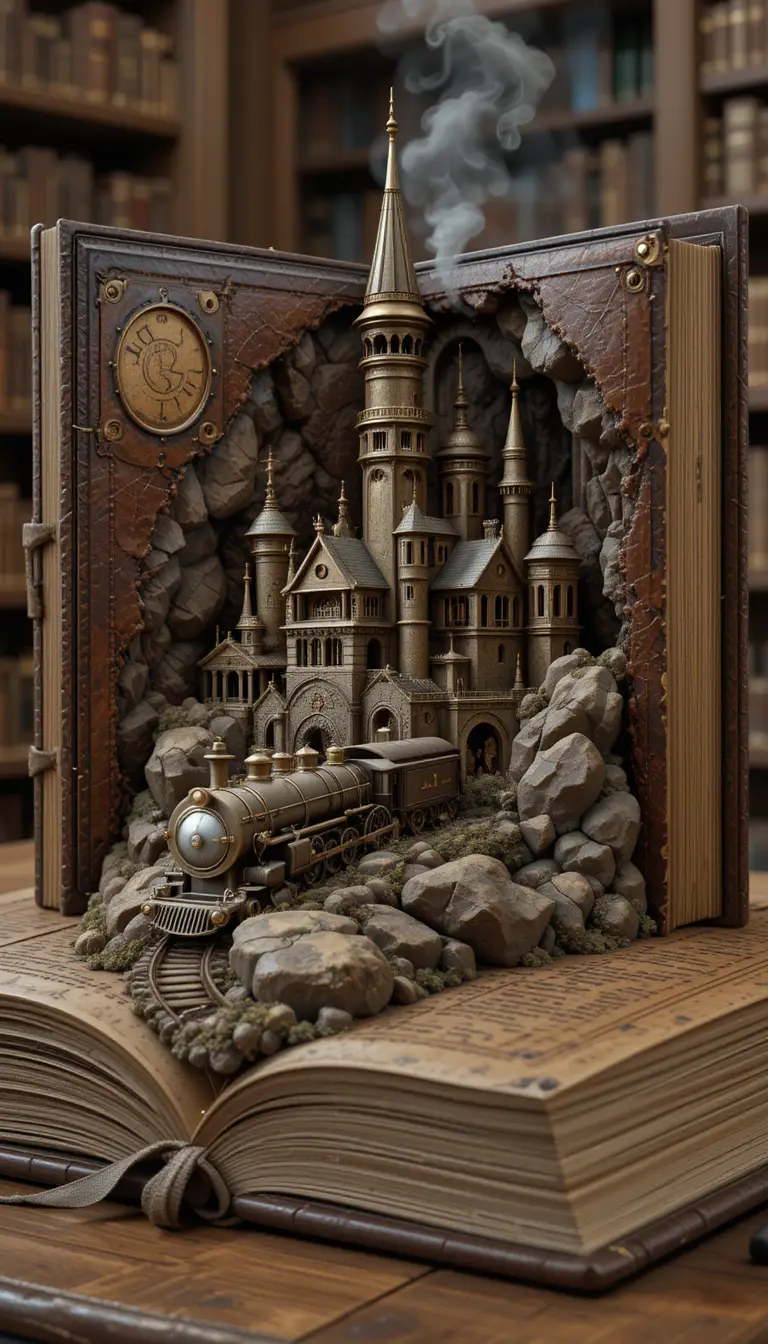 Steampunk leather book with castle and steam train
