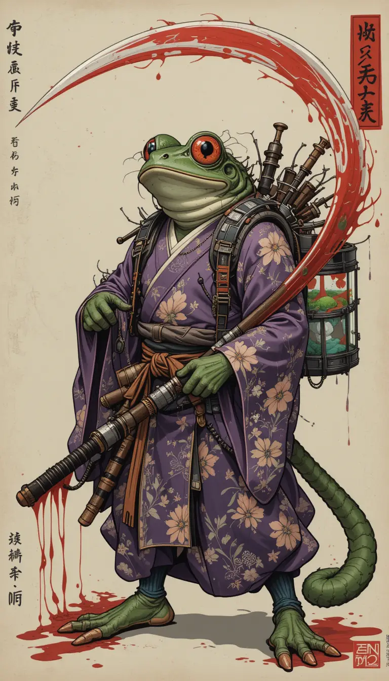 Samurái rana cibernética con yukata floral y guadaña