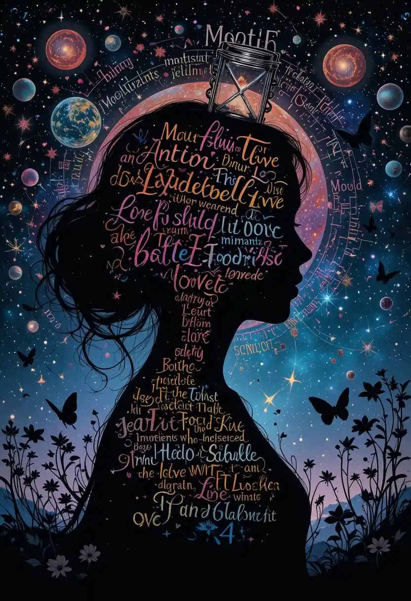 Magical outer space filled with galaxies planets and words