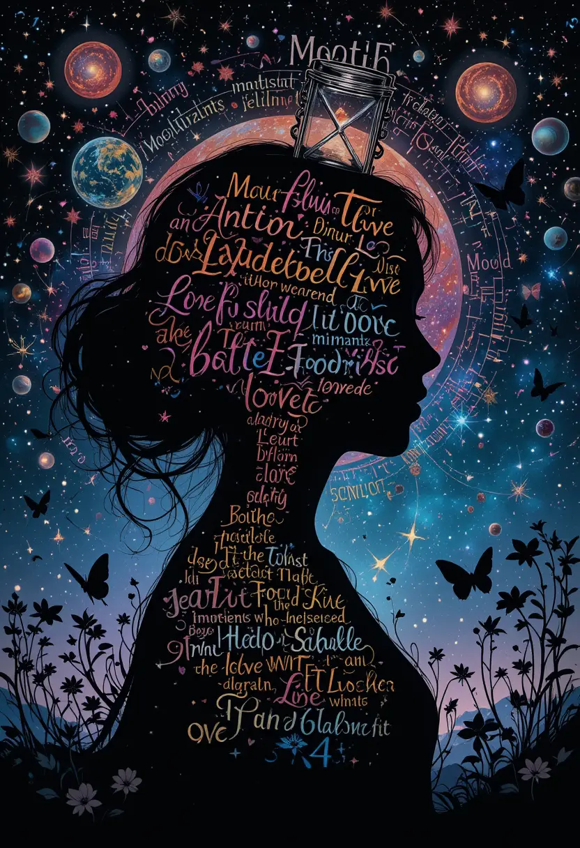 Magical outer space filled with galaxies planets and words