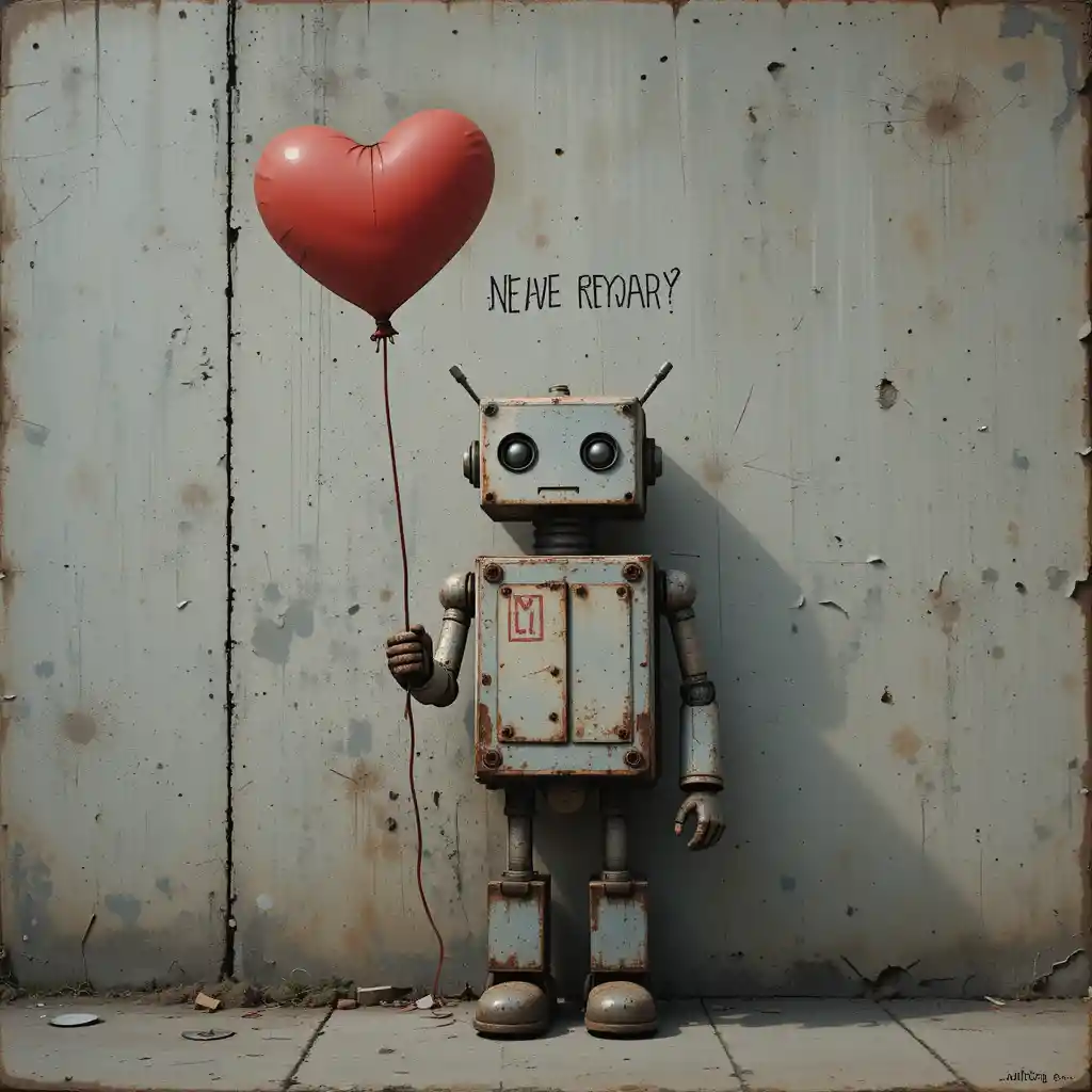 Pensive robot with red heart balloon on concrete wall