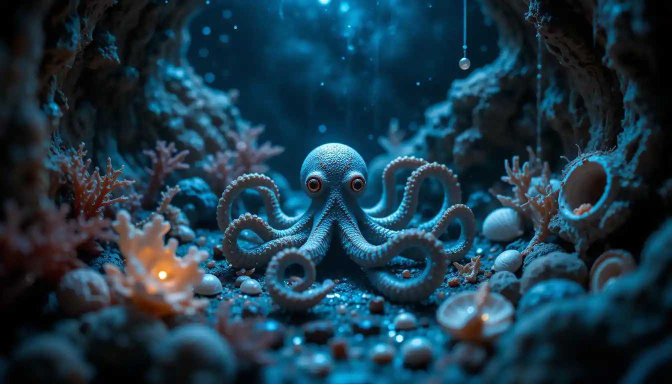 Miniature octopus in a moonlit underwater diorama