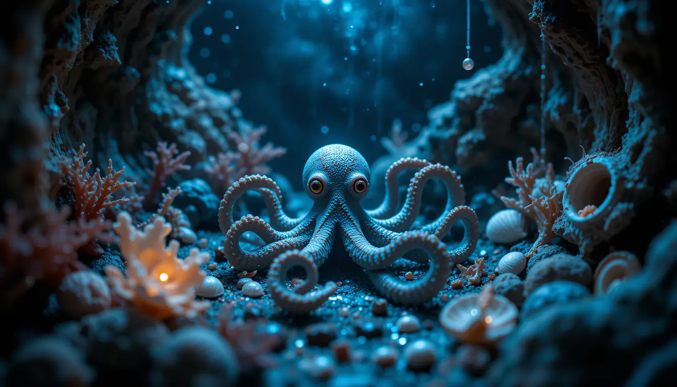 Miniature octopus in a moonlit underwater diorama