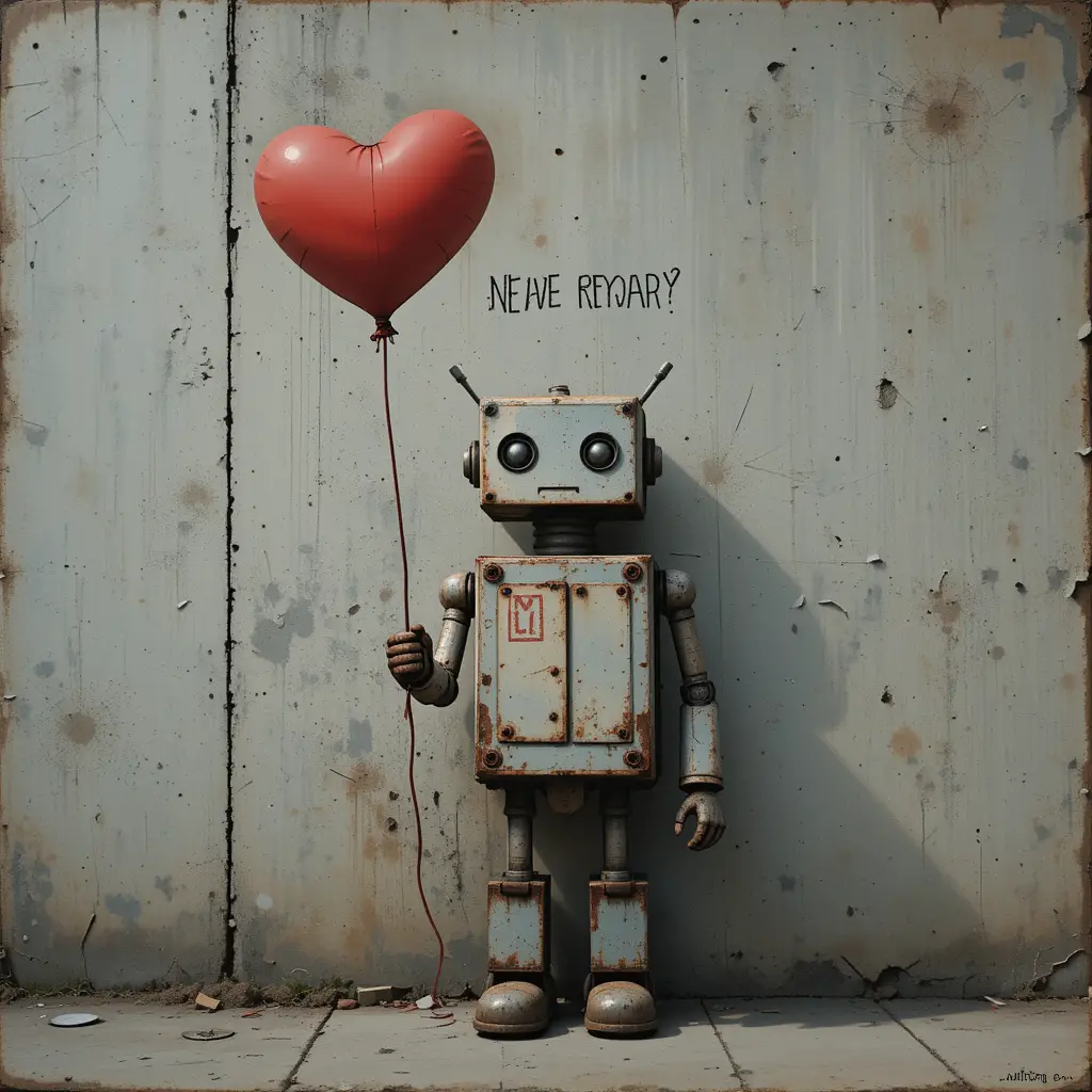 Pensive robot with red heart balloon on concrete wall