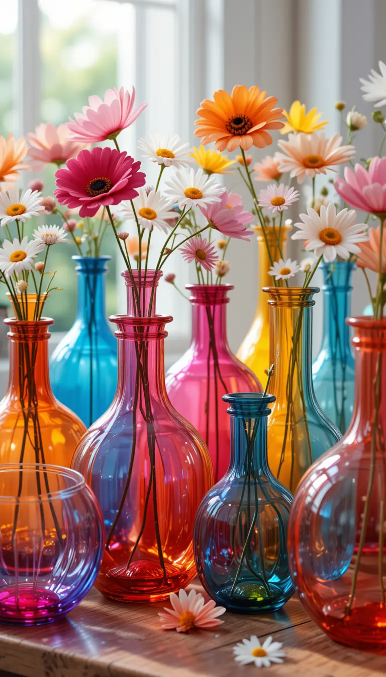 Colorful glass vases with flowers in bright natural light