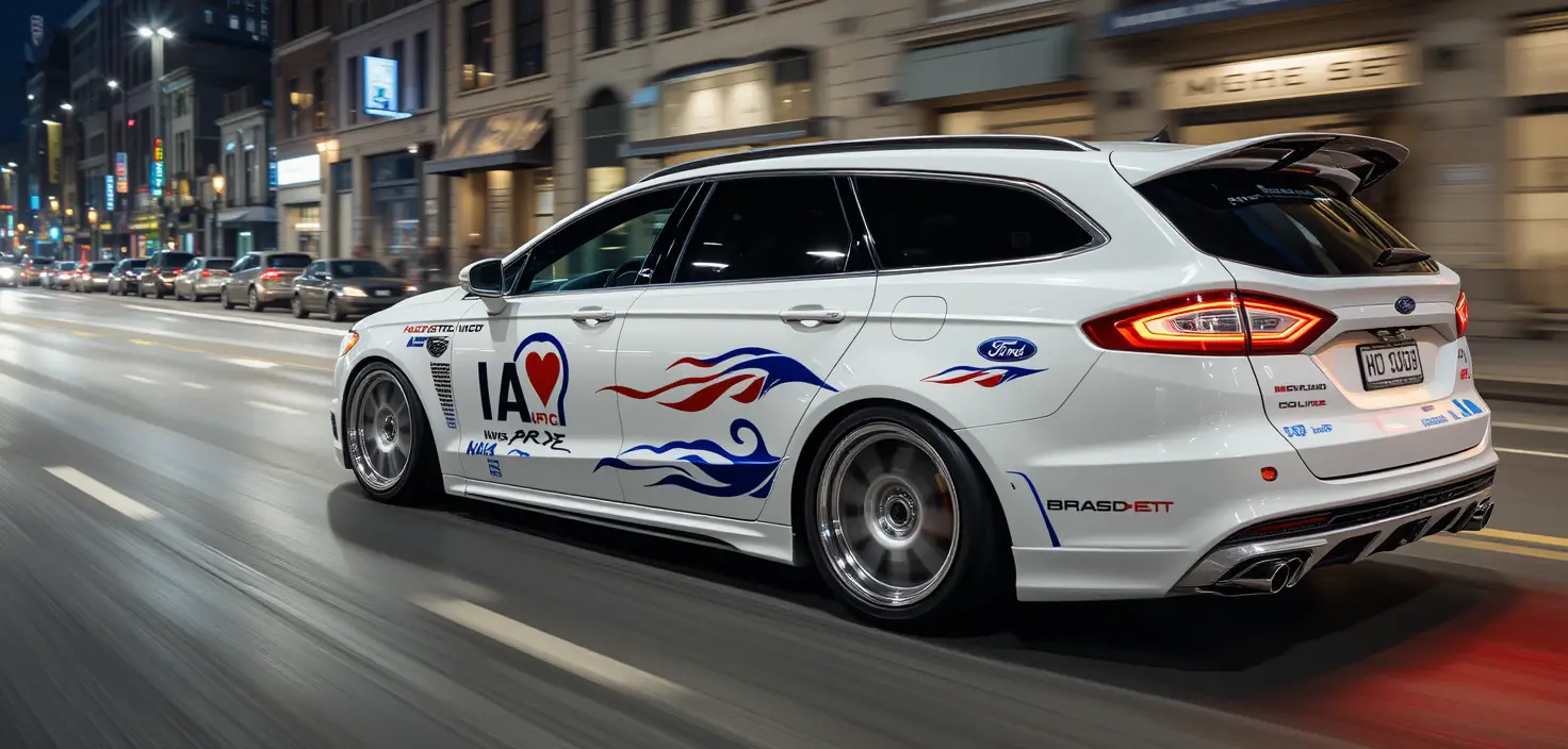 White silver ford wagon racing through a midnight city street