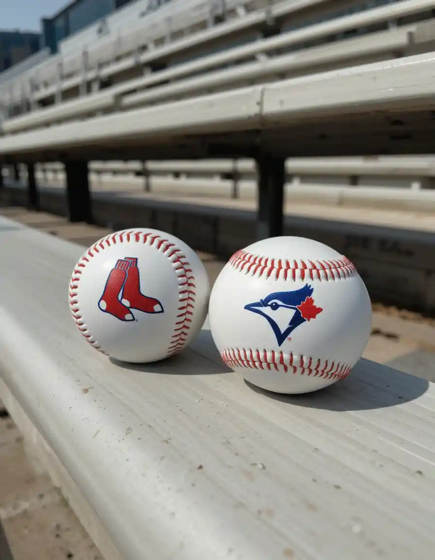 Two baseballs with team logos resting on stadium bleachers