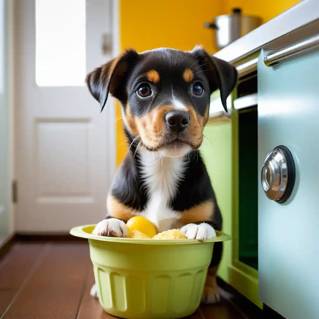 Dog Sitting On Kitchen Floor Looking At Open Fridge