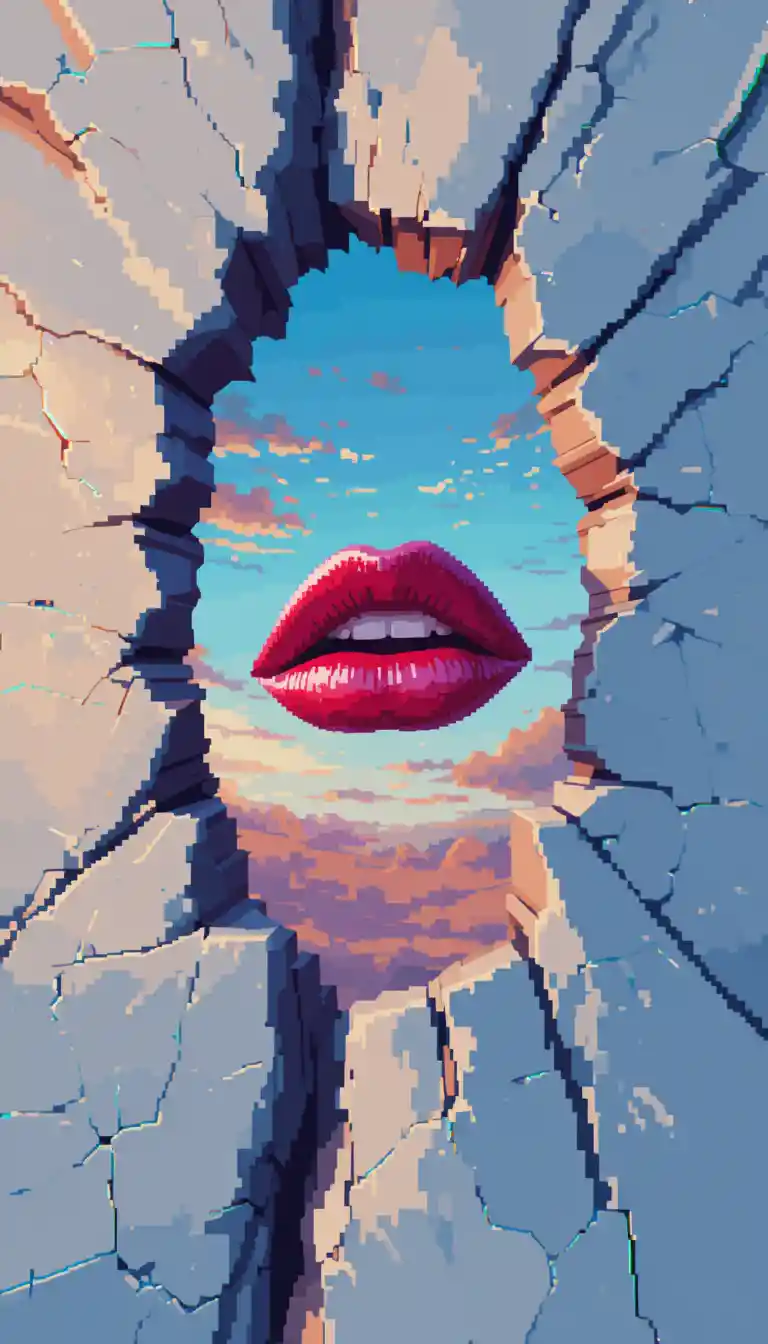 Surreale Pixelkunst von roten Lippen, die durch eine Oberfläche brechen