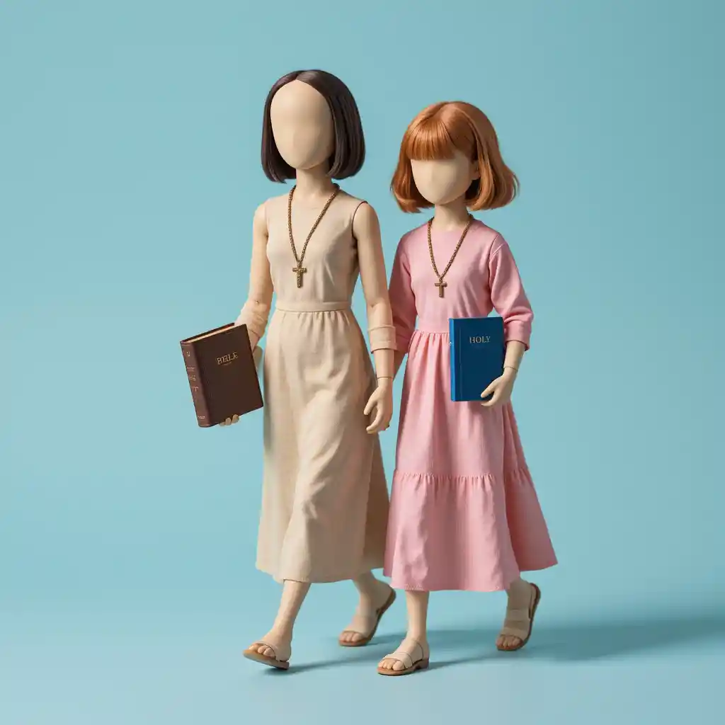 Faceless girls holding bibles in pastel abstract scene