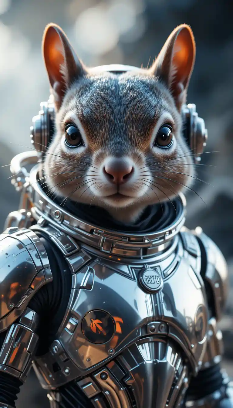 Close up portrait of a space commander squirrel in armor