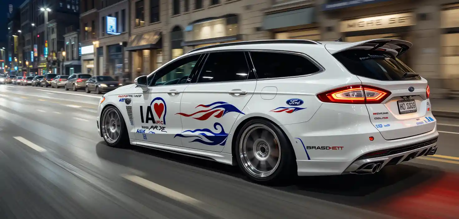 White silver ford wagon racing through a midnight city street