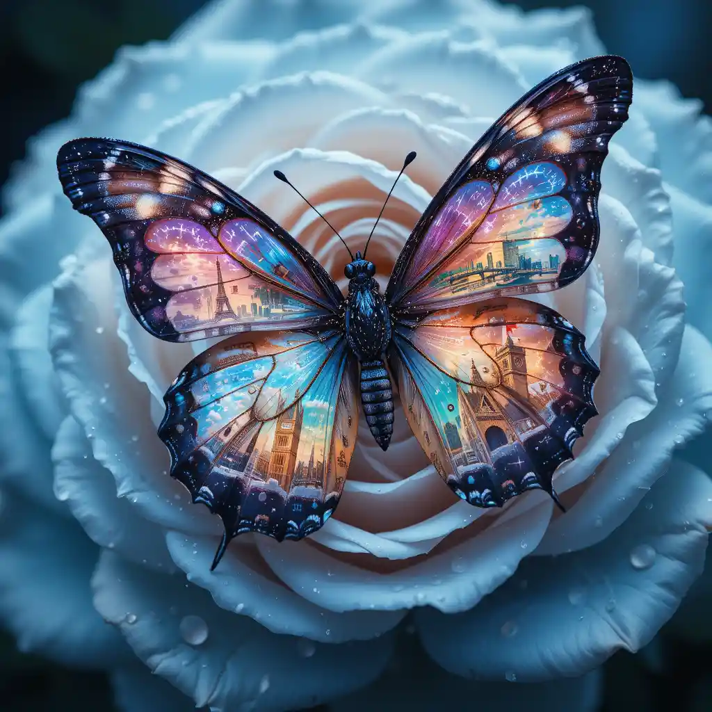 Butterfly With City Postcards On Wings In Soft Blue Roses