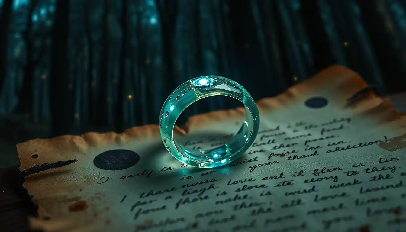 Elven resin ring glowing on parchment in dark forest