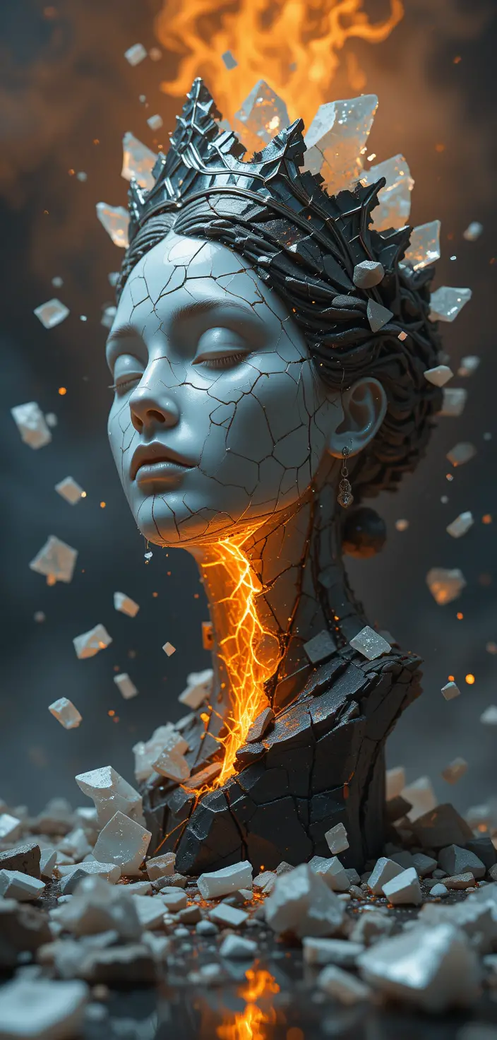 Cracked Crystal Queen Sculpture Amid Floating Fragments
