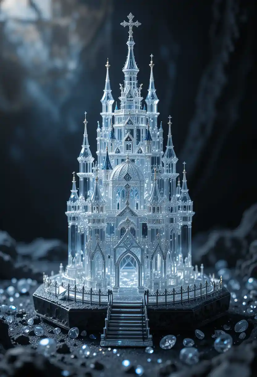 Castello Fantastico di Diamante di Vetro in un Cupo Scenario Mistico
