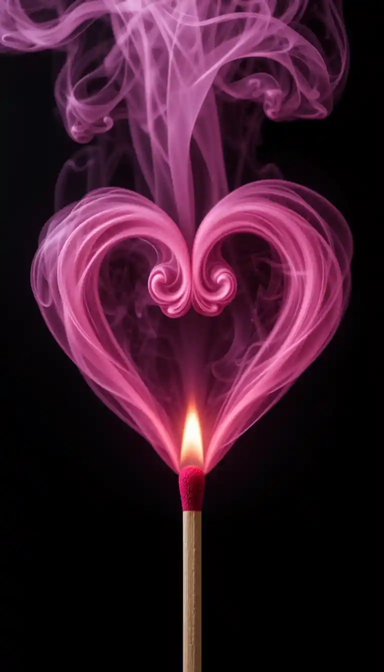 Glowing matchstick with pink heart shaped smoke on black