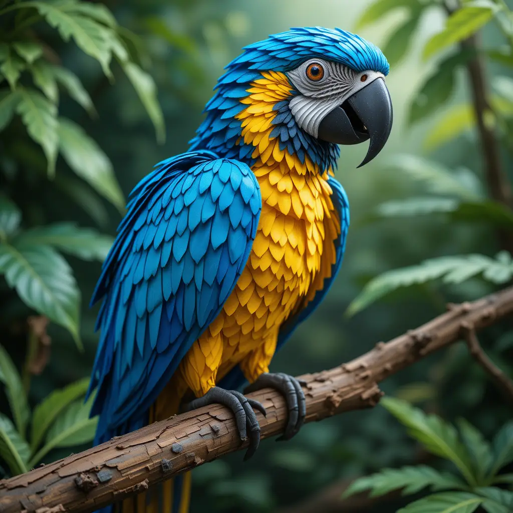 Blue macaw origami parrot in tropical forest scene